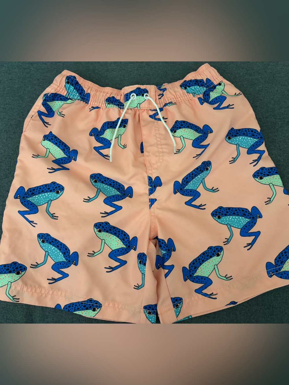 Tea Collection Peach Swim Trunks with Blue & Aqua Frog Print